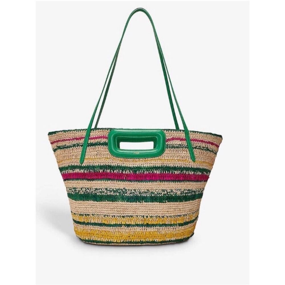 Maje Striped Raffia Basket Bag in the "Casino Green" Summer Stripe Beach Bag - Picture 2 of 13
